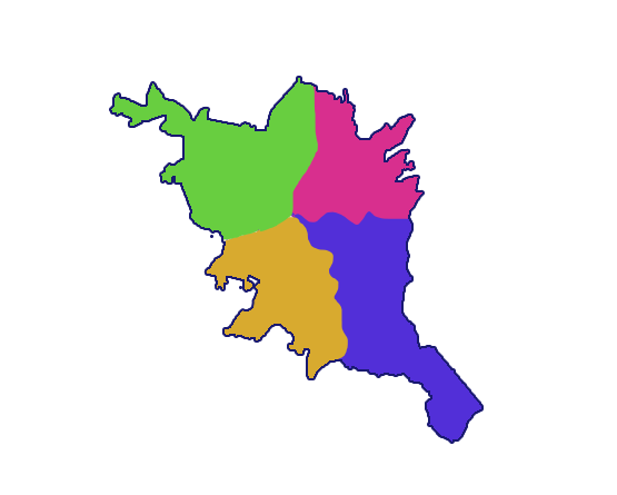 Desenho do mapa de Ponta Grossa, enfoque na divisão dos bairros Centro, Nova Russía, Oficinas e Uvaranas.
